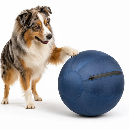Australian shepherd placing a paw on a blue herding ball