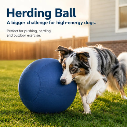 Blue herding ball for dogs to push, nudge, and roll on grass