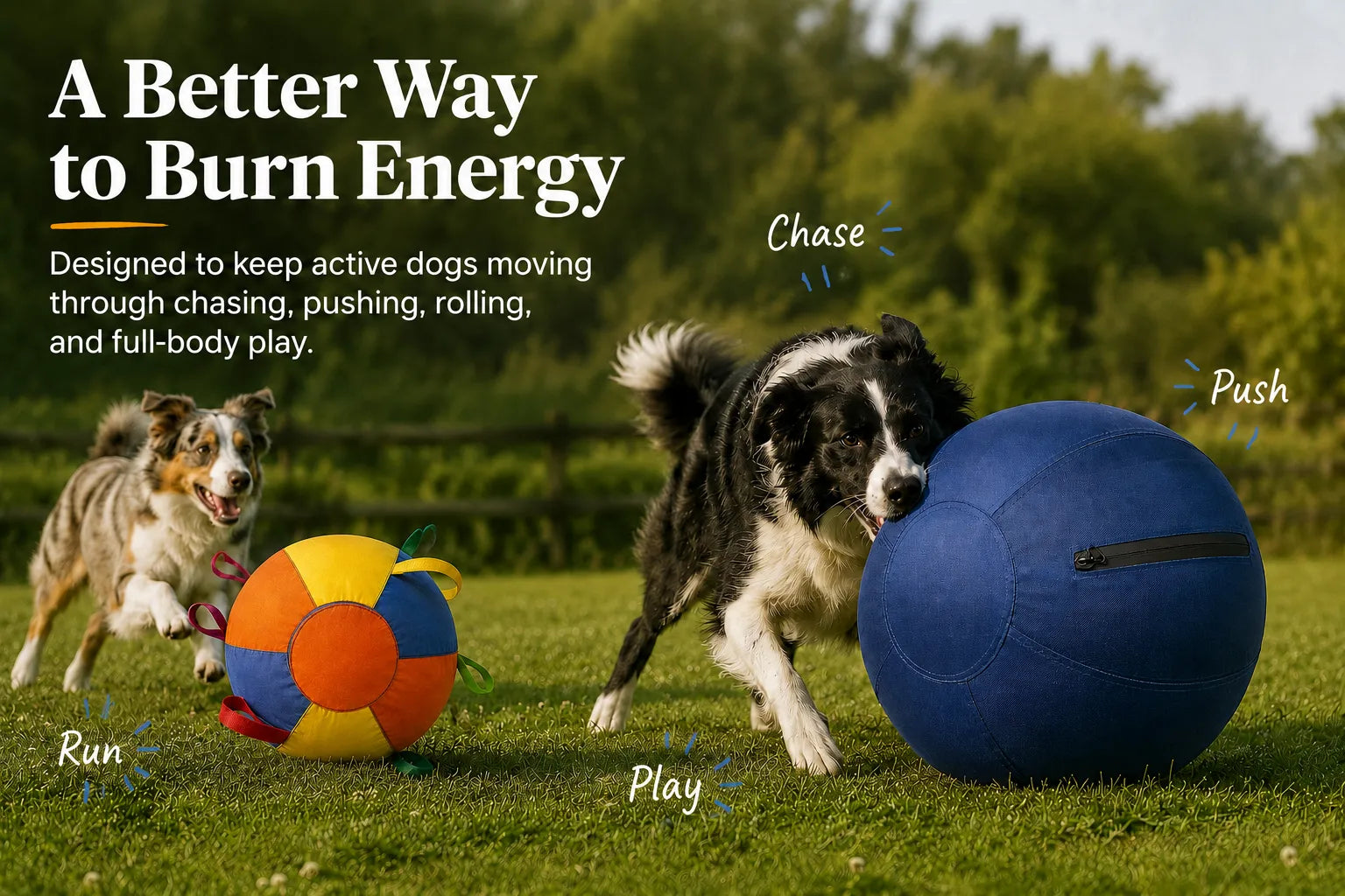 Dog pushing a herding ball across grass to burn energy outdoors