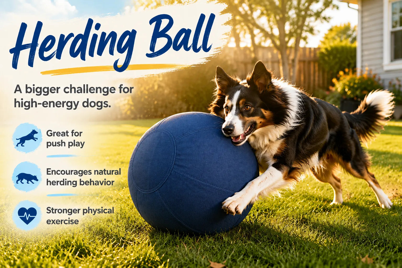 Blue herding ball designed for high-energy dogs to push and nudge