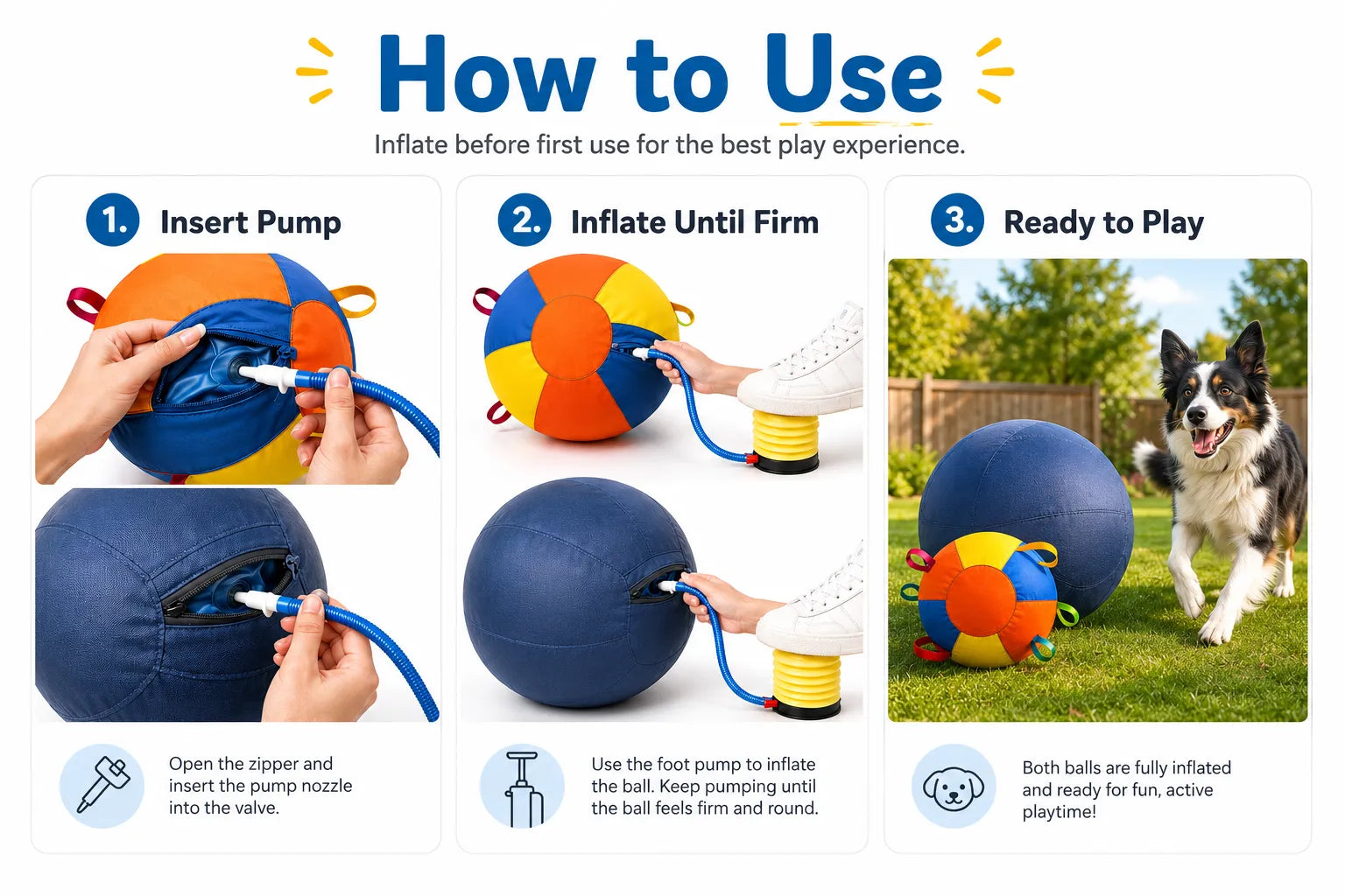 Step-by-step outdoor play guide for using a dog herding ball