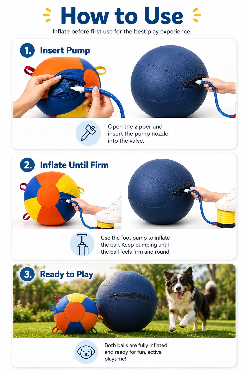 Dog owner guide showing how to introduce a herding ball outdoors
