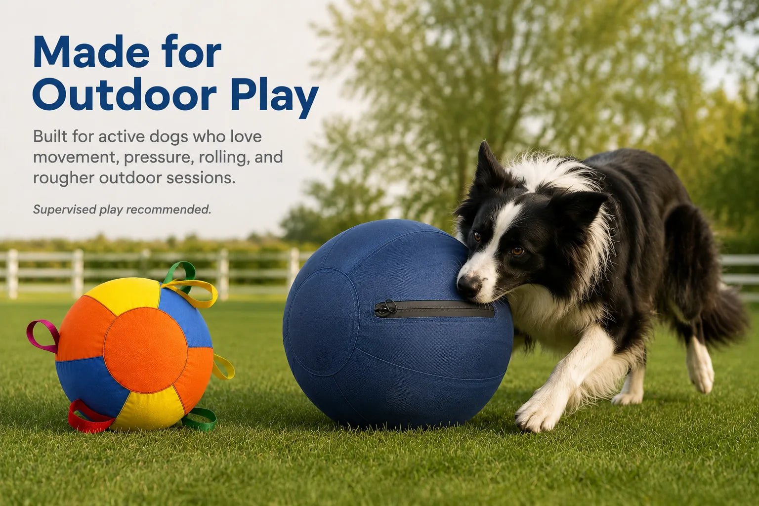 Outdoor dog play scene with a durable ball for active dogs