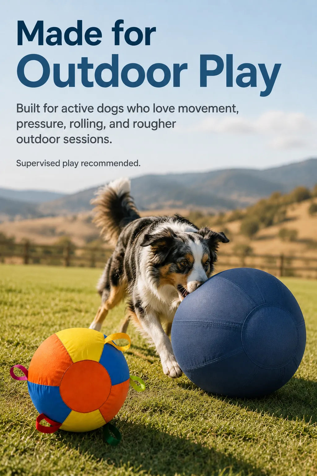 Dog nudging a herding ball on grass during supervised outdoor play