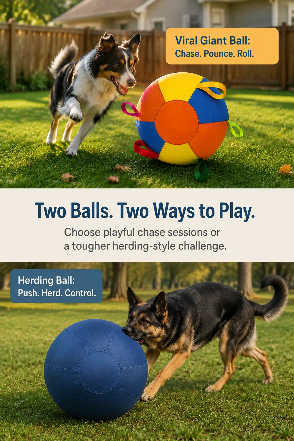 Two outdoor dog ball options for chasing, pushing, and herding play