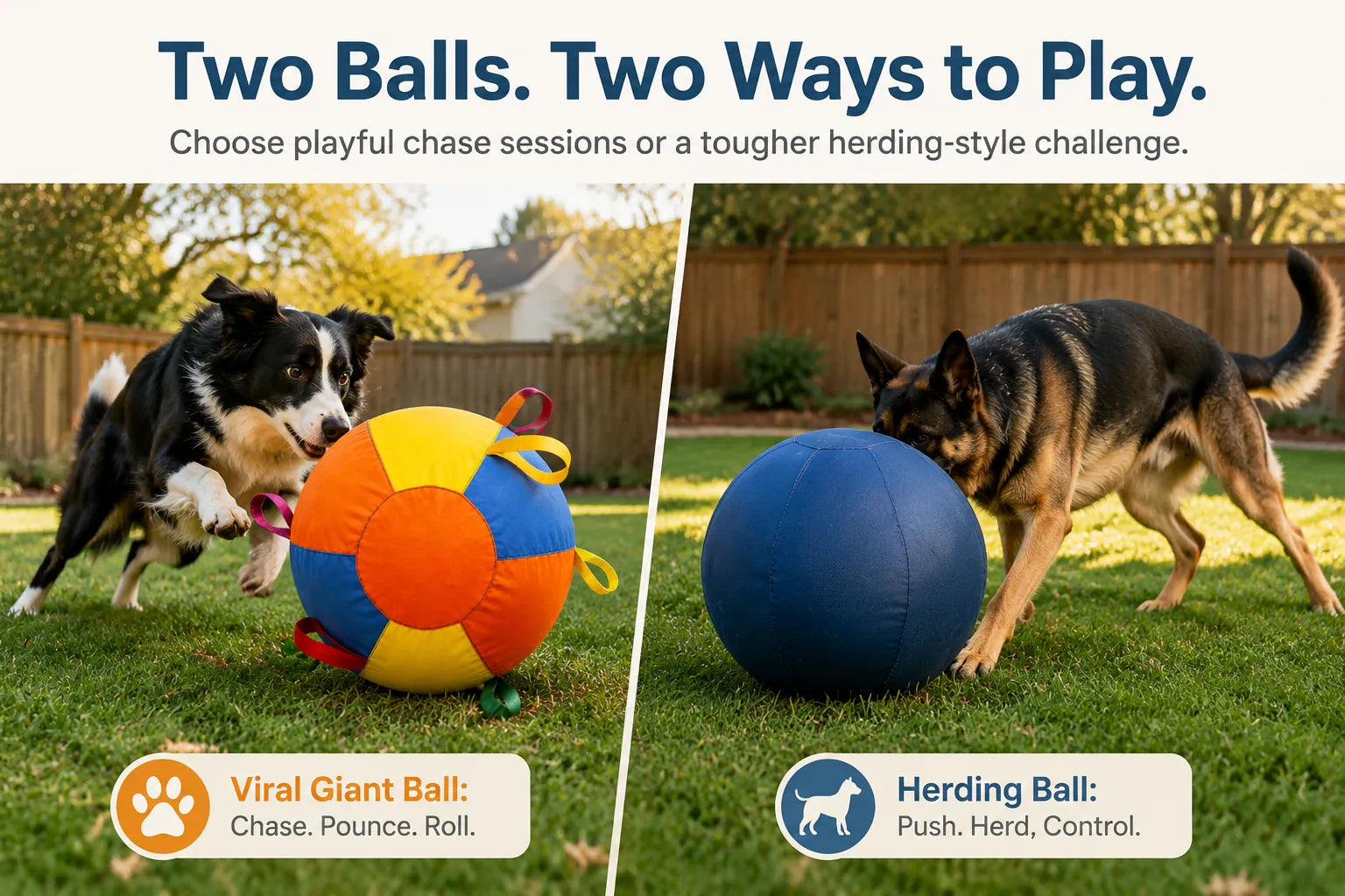 Two dog balls for chase play and herding play on a backyard lawn