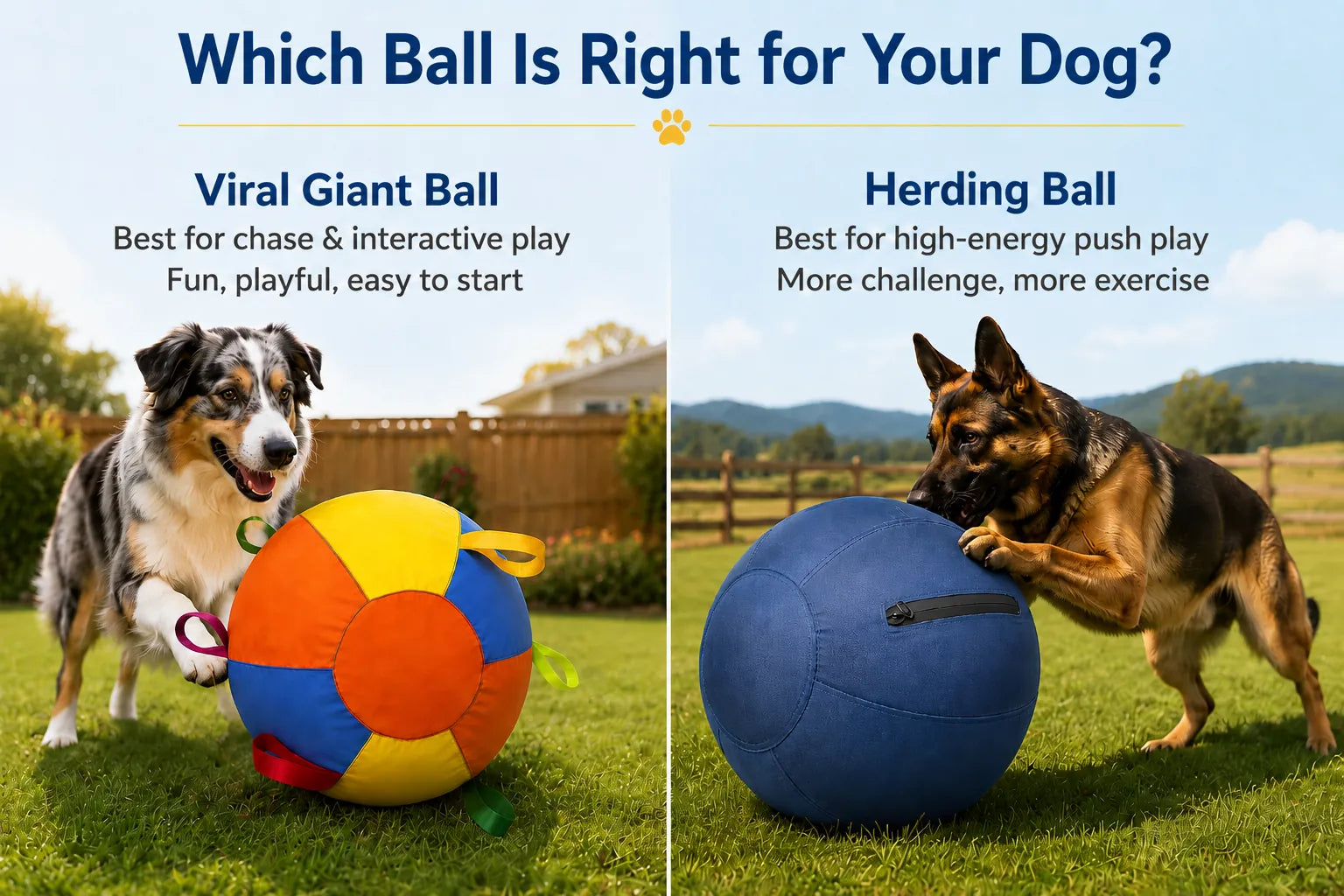 Guide image comparing giant dog ball and herding ball options