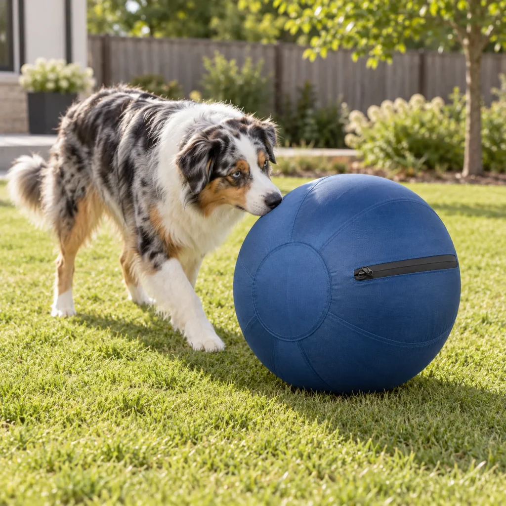 Dog nudging a blue PETART herding ball on a lawn