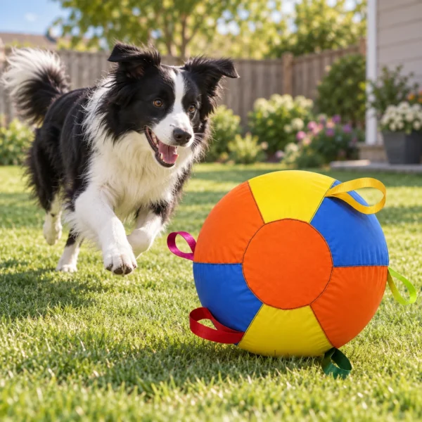 Colorful PETART giant dog ball on a lawn
